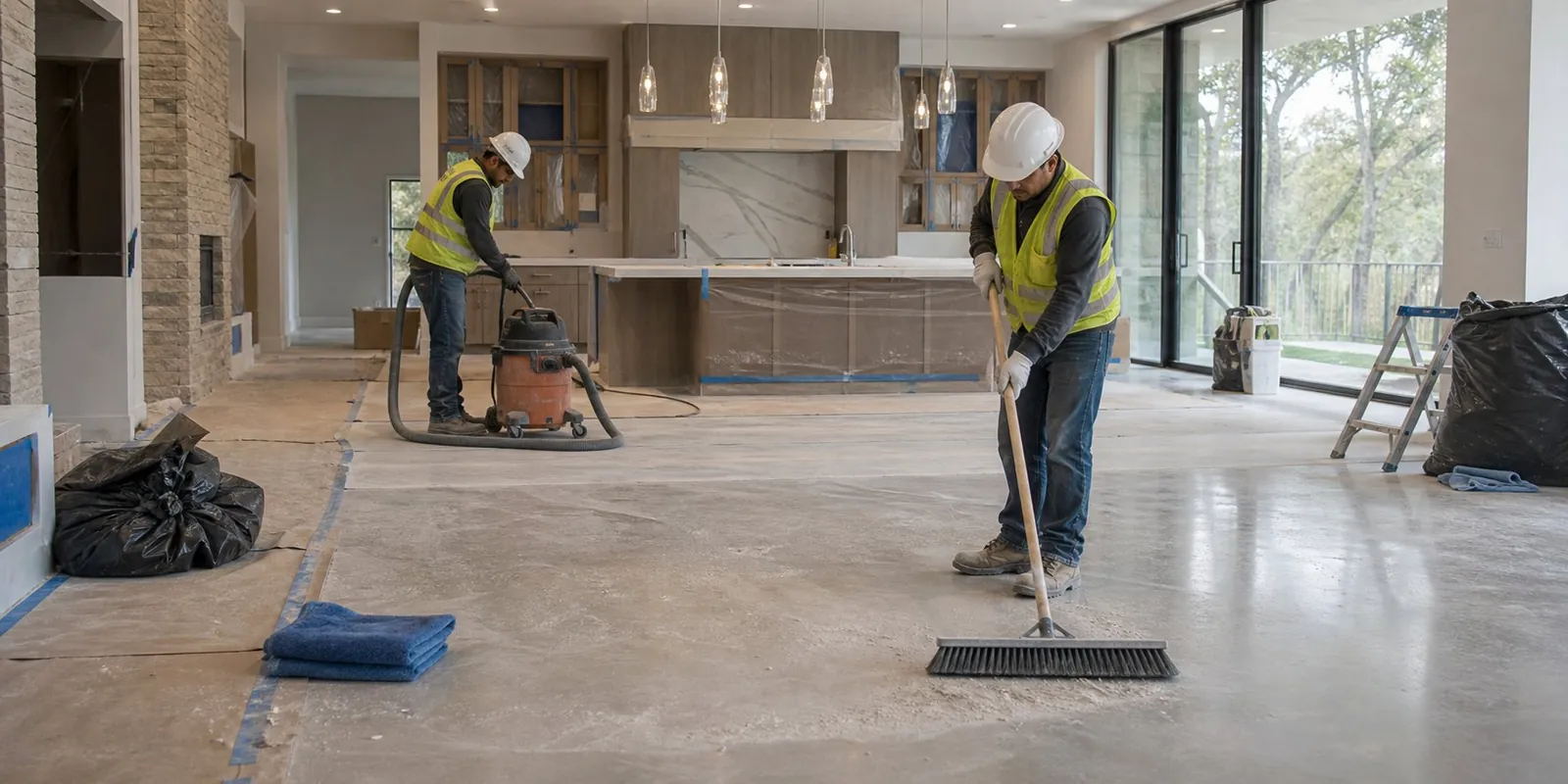 Vacuuming and sweeping inside a finished kitchen