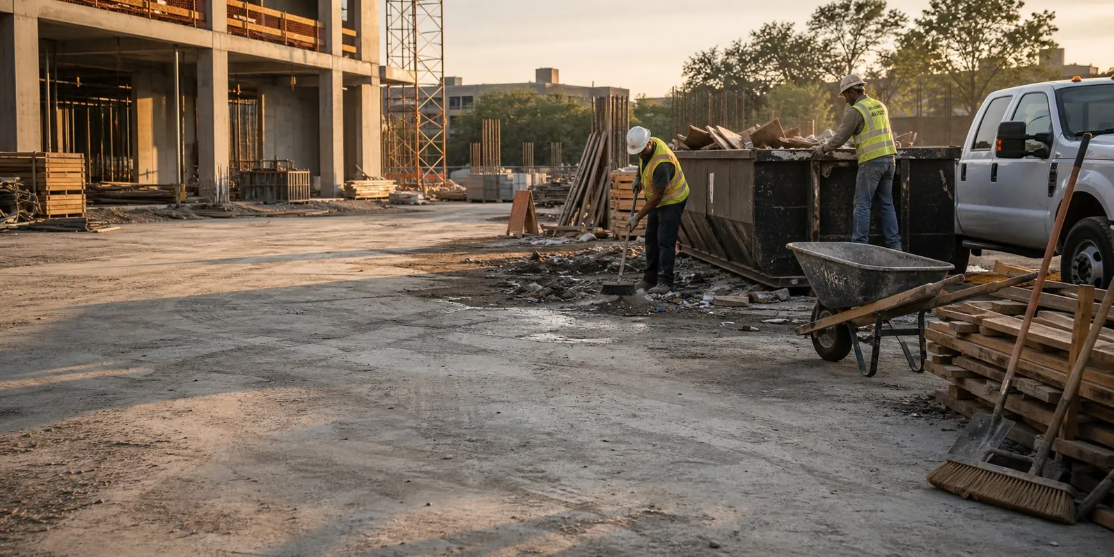 Sweeping a slab and loading debris on a jobsite