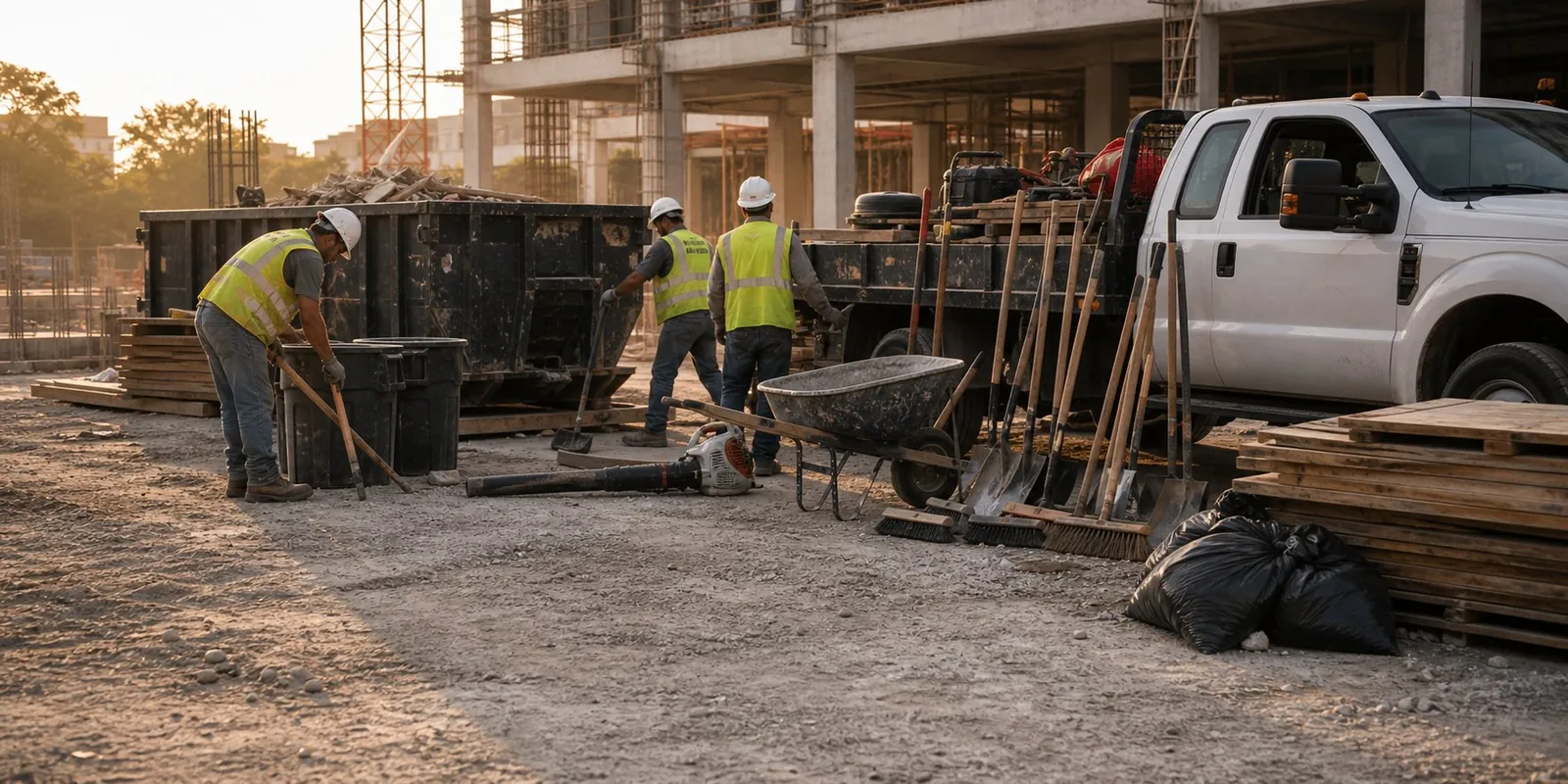 Hired Hands crew with truck loading debris on an active jobsite